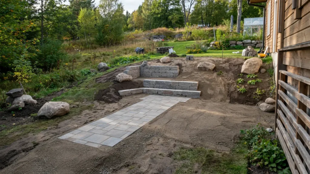 stenl ggning och terrassering av tomt med st dmur i bredbyn